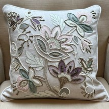 Pier 1 Floral Embroidered Decorative Throw Pillow Beaded Sequined Flowers 16x16&quot; - £19.72 GBP