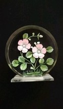 Reverse Carved Acrylic Lucite Pink Flowers Paperweight/Decor Round Clear - $14.35