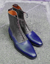 Blue Gray Two Tone High Ankle Genuine Leather Brogues Toe High Ankle Men Boots - £128.78 GBP