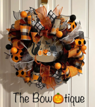 13 inch Halloween Ribbon Wreath Black Cat MW7 - £35.26 GBP