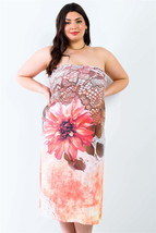 Women&#39;s Plus Peach Flower Print Sleeveless Midi Dress - $17.40