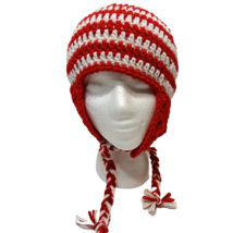 Vintage Womens Handmade Crocheted Knitted Winter Hat Chin Tie Red and White - £9.14 GBP