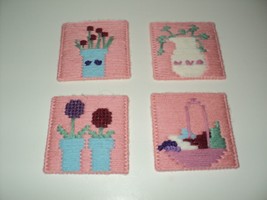 NEW Completed Pink Lot of 4 Plastic Canvas Needlepoint Coasters Flowers &amp; Fruit - £8.02 GBP