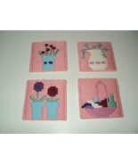 NEW Completed Pink Lot of 4 Plastic Canvas Needlepoint Coasters Flowers ... - £8.13 GBP