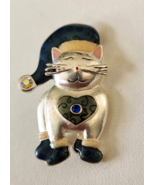 Kenneth Cole Christmas Cat Lapel Pin Brooch Enamel Christmas Hat Glitter... - $17.99