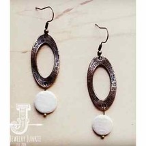 Genuine Shell Pearl Coin on Copper Etched Hoop Earrings - £15.73 GBP