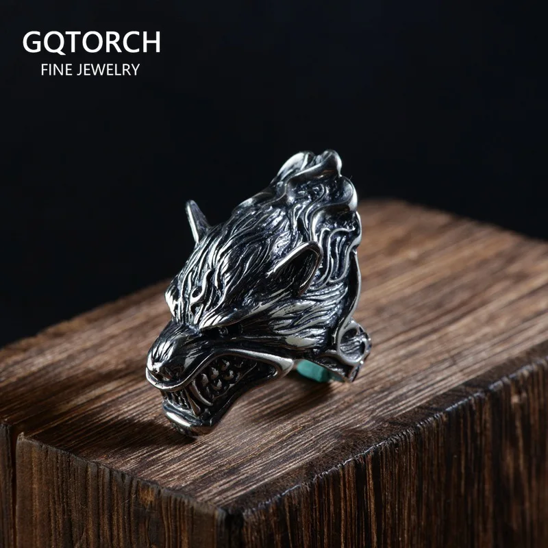 S925 Sterling Silver Vintage Thai Silver Ring for Men Wolf Head Open Exaggerated - £58.36 GBP
