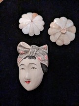 Vintage Brooch Pin LES BERNARD   Jewelry Asian Lady &amp; Clip earrings  - £77.32 GBP