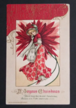 Joyous Christmas Lady in Red Poinsettia Dress Embossed Winsch Postcard c1910s - $19.99