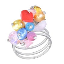 Colorful Cluster of Mixed Stones, Pearls, Crystal Beads Sterling Silver Ring - 7 - £11.06 GBP