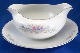 Florenteen Fantasia Gravy Boat w Attached Underplate Pink Blue Floral Pl... - $24.50