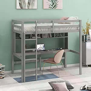Twin Wood High With Long Desk, Shelves And Safety Guard Rails, Space Sav... - $624.99