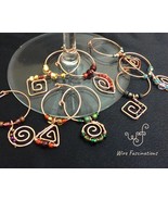 Handmade copper wine glass charms wire wrapped beaded spirals (set of 8) - £30.37 GBP