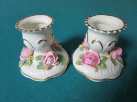 Dresden Germany Pair Of Candle Holders Roses And Gold 2&quot; Tall [*a14] - £58.39 GBP