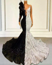 White and Black Prom Dresses 2024 One Shoulder Sparkly Sequin Applique E... - $199.00