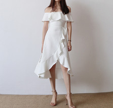 Summer WHITE Fitted Slit Midi Dress Plus Size Off Shoulder  Wedding Guest Dress