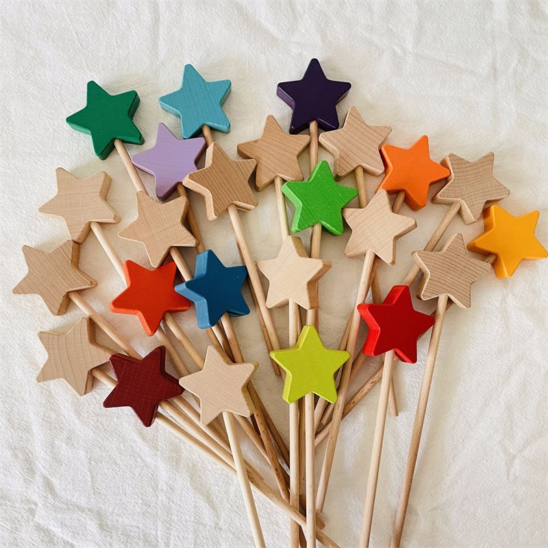 Wooden Star Wand Nordic Decor Wood Toys Natural Rainbow Wand Kids Pretend Play - £29.98 GBP+