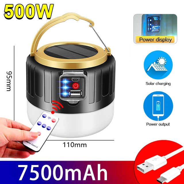7500mAH Solar LED Camping Light Outdoor USB Rechargeable Bulb 500W Portable Sola - £89.39 GBP