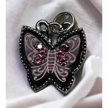 Vintage Mini Butterfly Pendant Charm Silver Tone Black Purple Rhinestones - £6.27 GBP