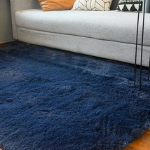 4x6 Rug Blue Area Carpet Floor Soft Fluffy Shaggy Luxury Faux Fur Bedroom Navy - £28.99 GBP