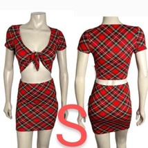 Red Multicolor Plaid Design Crop Top Front Tie &amp; Mini Skirt 2 Piece Set~... - $27.82