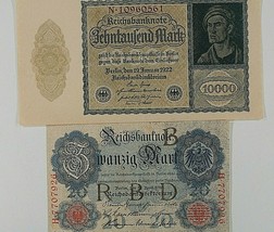 Deutschland 2-Notes 1910 Deutsche Reich 20 Marke &amp; 1922 Weimar Republik ... - $985.10 MXN