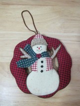 Primitive Snowman fabric cloth Christmas ornament wreath red checked plaid USED - £3.94 GBP