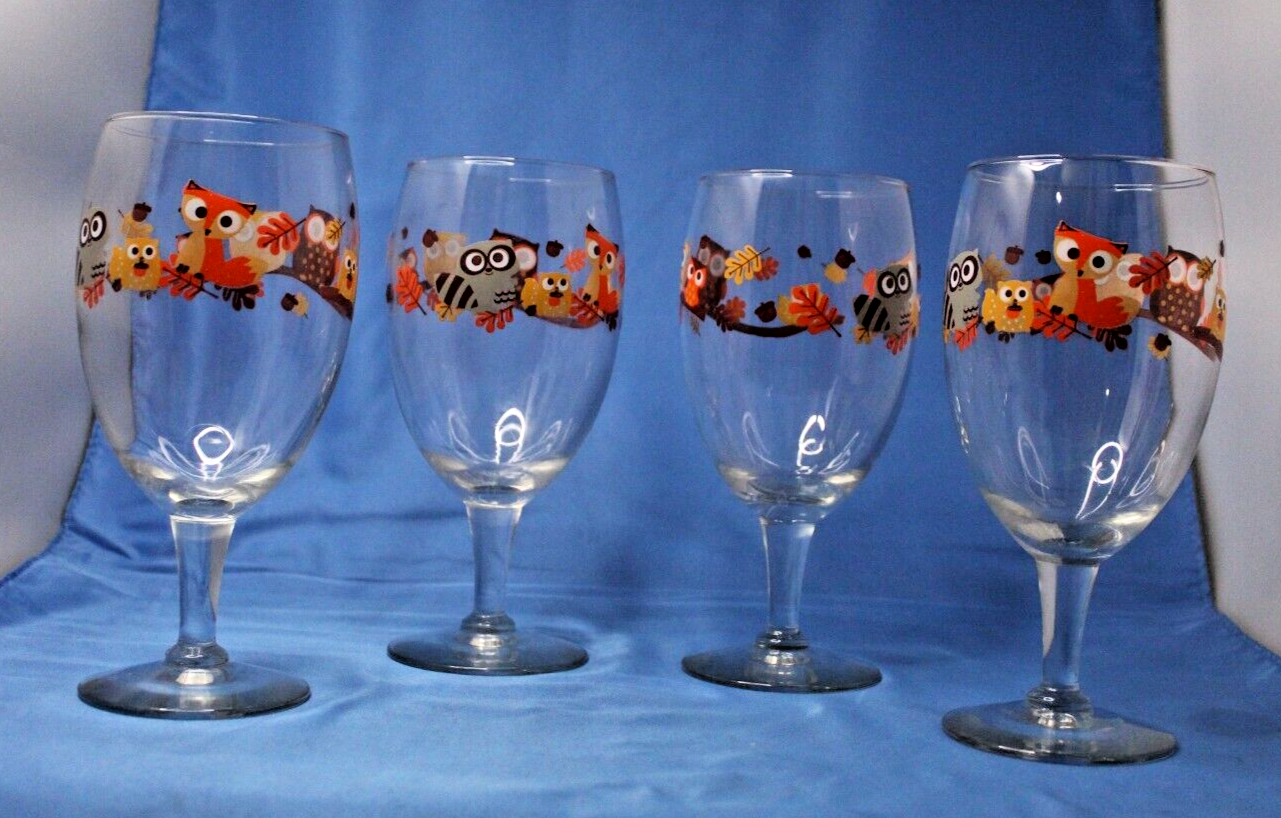 Libbey Autumn Owls & Racoon Squirrel Fox Water Wine Goblet Drinking Glass 4 set - $23.17