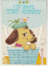 Vintage Birthday Card Hound Puppy Dog in Basket 1960&#39;s Forget Me Not - $8.90