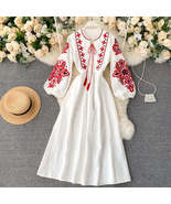 Women Bohemian Embroidered Floral V Neck Tassel Lantern Sleeve Midi Dress_ - £27.89 GBP