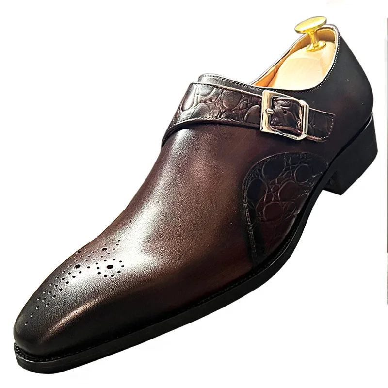 Elegant men s casual leather shoes black coffee monk strap man shoe slip on men dress thumb200