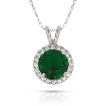 1.50CT 14K Whit Gold Halo Emerald Round Shape Basket Setting Pendant w/ Chain - £26.50 GBP+