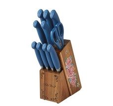 Pioneer Woman ~ 11-Pc. Set ~ Stainless Steel Knives ~ ACACIA Wooden Block ~ BLUE - £42.11 GBP