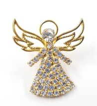 Vintage Guardian Angel Clear Rhinestones Gold Tone Lapel Pin Religious Jewelry - $11.99