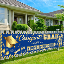 Personalized Blue and Gold Graduation Decorations Banner Class of 2024, Large Cu - £17.49 GBP
