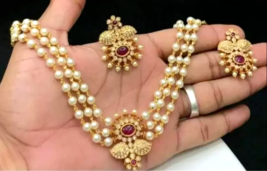 Red CZ Indian Bollywood Bridal Pearl Choker Necklace Gold Earings Jewelry Set - $22.99