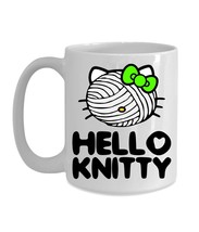 Knitting Mug Gift Hello Knitty Green Bow Funny Cute Cat Kitty Face Yarn Mom Aunt - £15.47 GBP