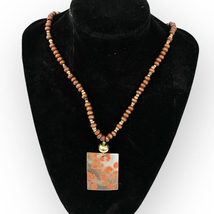 Mother of Pearl Etched Pendant Necklace 24&quot; Wooden Beads  - £10.79 GBP