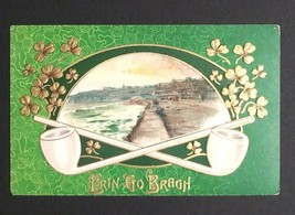 St Patricks Day Erin Go Bragh Clover Crossed Pipes Gold Embossed Postcard c1910s - £11.95 GBP