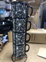Boston Warehouse Halloween Spider Web Ceramic Stacking Mug Set of 4 w/Metal Rack - £21.49 GBP