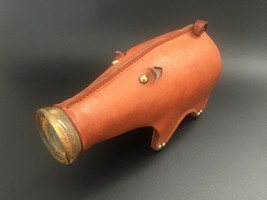 Vintage Handcrafted Piggy Leather Wrapped Milk Bottle Cover Holder Unique Statue - £90.11 GBP
