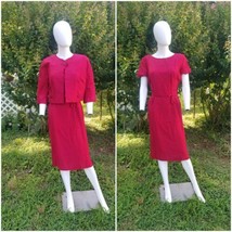 Vintage 50s Roseweb Red Silk Pencil wiggle dress &amp; cropped jacket 2 pc s... - £96.65 GBP