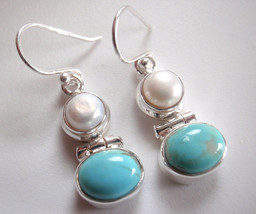 Turquoise Oval and Cultured Pearl 925 Sterling Silver Dangle Earrings - £15.81 GBP