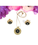 Vintage RHINESTONE &amp; Black NECKLACE &amp; Screw Back EARRINGS SET Goldtone 18&quot; - $24.58 CAD