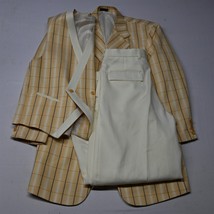 Falcone 38R 30x32 Ivory Orange Plaid 3 Piece Mens Jacket Pants Suit - $149.99