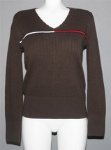 VTG? Tommy Hilfiger Academy Flag Stripe Brown Ribbed V-Neck Sweater Wm&#39;s... - £27.96 GBP