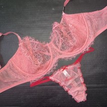 Victoria&#39;s Secret unlined 34DD BRA SET S,M thong PINK lace Fraise Embroidered - £54.50 GBP