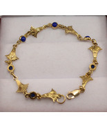 Egyptian Blue Lotus Flower Bracelet Stamped 18K Yellow Gold Pharaonic 7.5&quot; - £833.45 GBP
