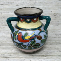 Bird &amp; Flowers Ceramic Vase Jug Handmade Crackle Finish 3 Handled Boho C... - $51.30