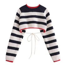 Backless Tied Striped Crop Knit Sweater Vintage O Neck Long Sleeve Pullover - £43.26 GBP